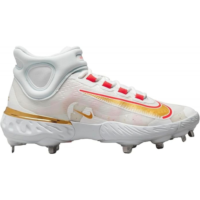 Crampons de baseball en métal Nike Alpha Huarache Elite 4 Mid FD2744-161 pour homme Blanc-Or-Rouge